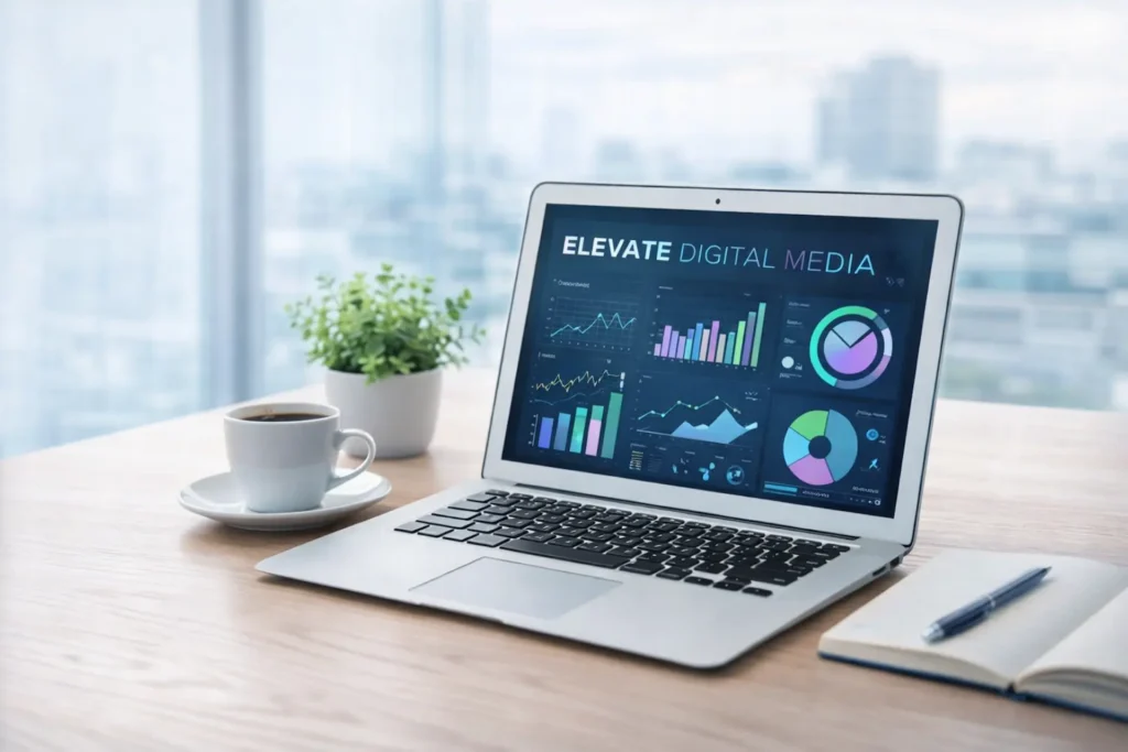 Digital marketing dashboard on laptop showing business growth metrics and performance insights on a clean desk