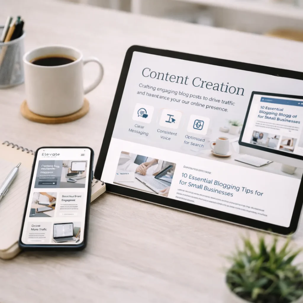 Tablet and smartphone displaying blog content and social media posts for content creation and digital marketing