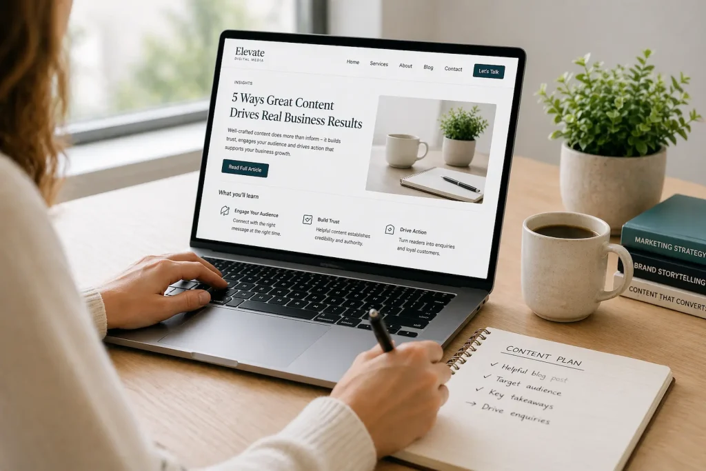 Person reading business content on a laptop and taking notes, representing content marketing driving real business results