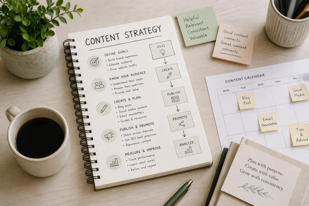 Content strategy planning with notebook, content calendar and notes on a clean workspace
