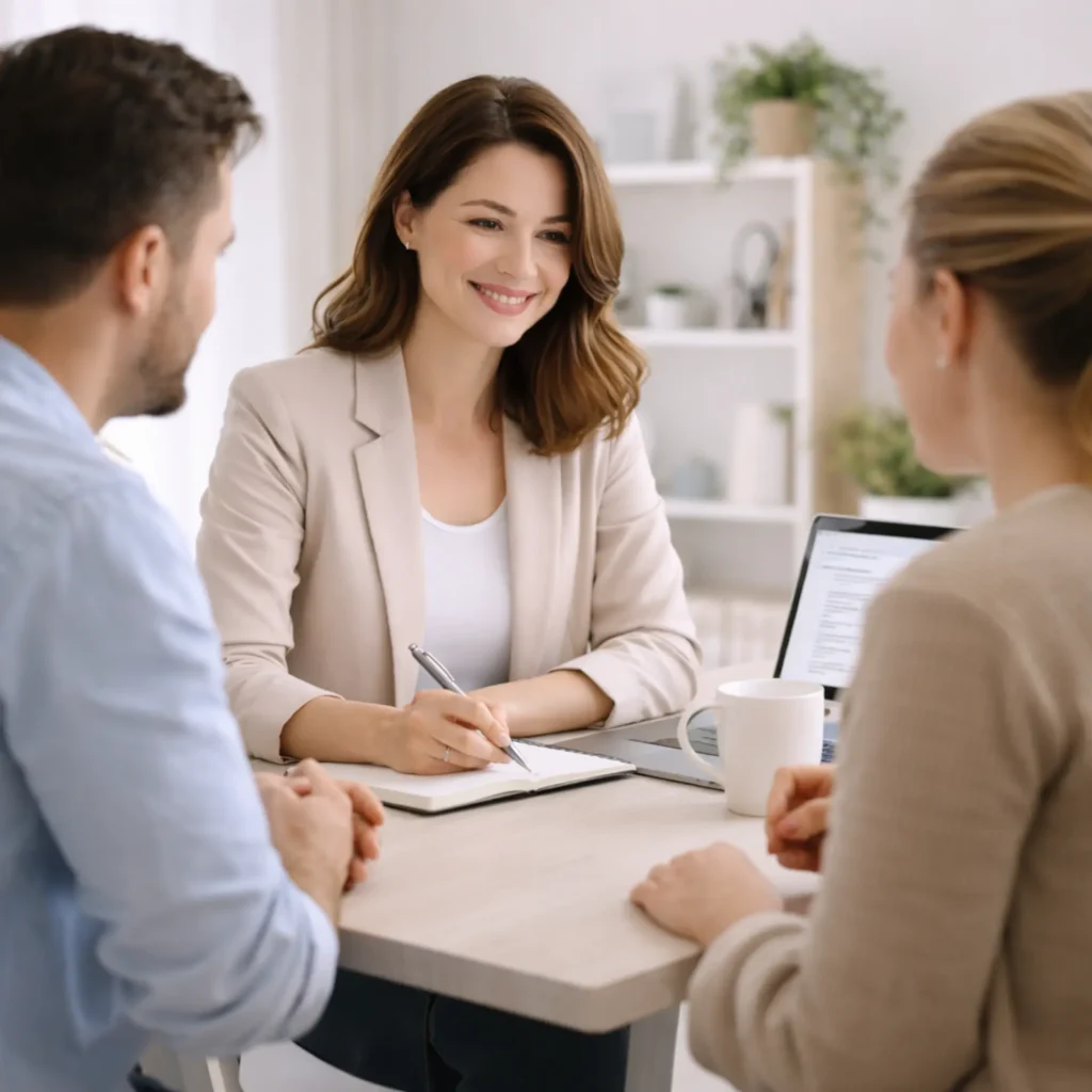 Digital marketing consultation with a small business owner discussing requirements around a table