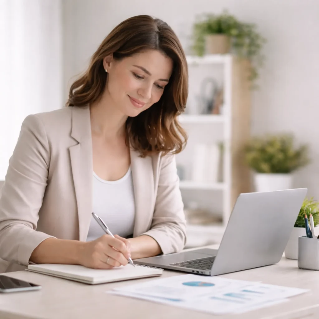 Digital marketing professional working on a laptop and writing notes in a clean, modern workspace