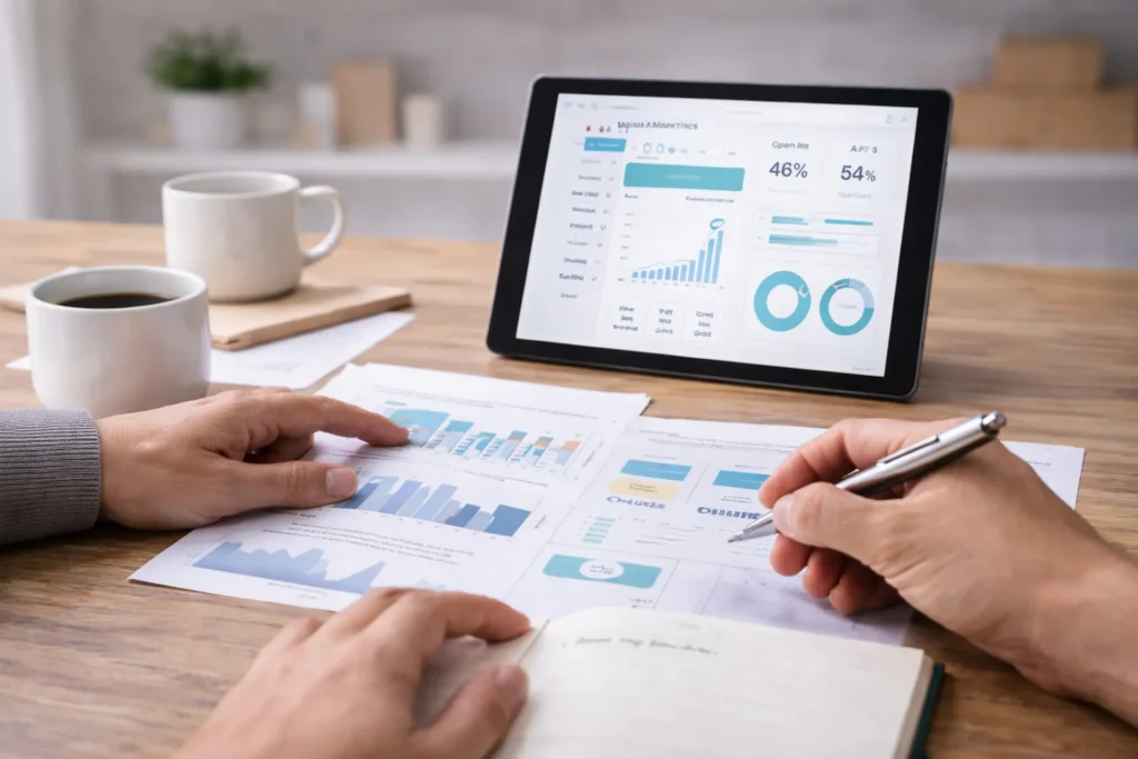 Email marketing performance analysis with charts, notes and tablet showing campaign metrics