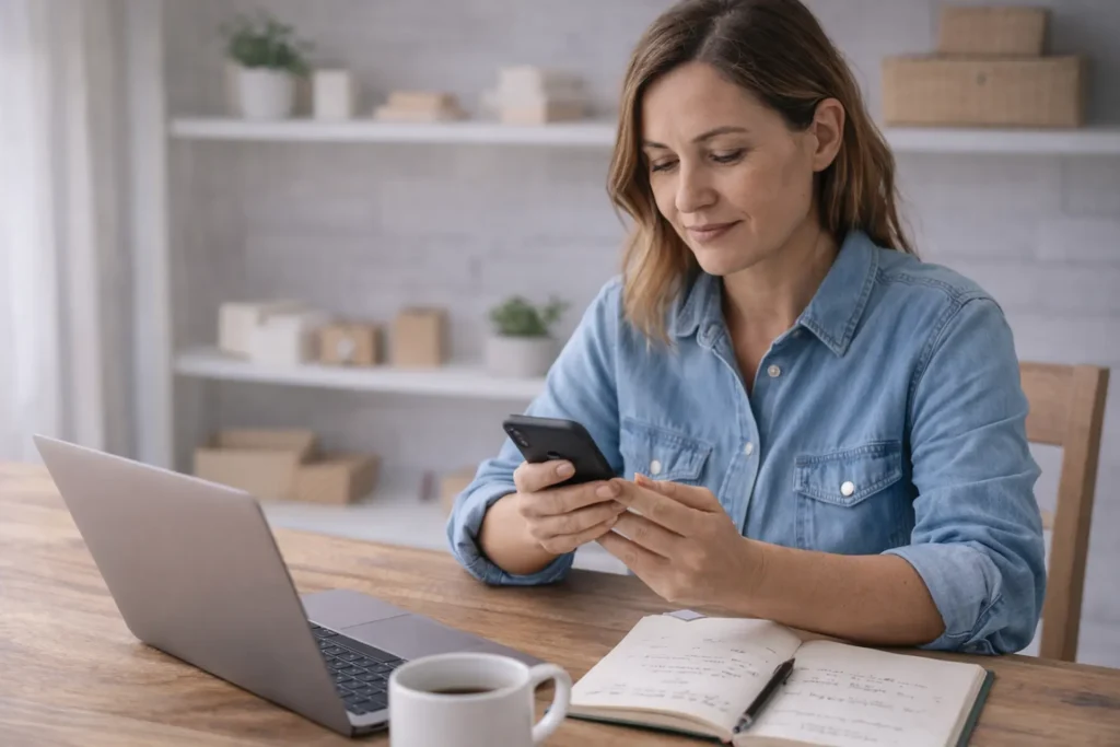 Small business owner checking and responding to customer messages on a smartphone at a desk