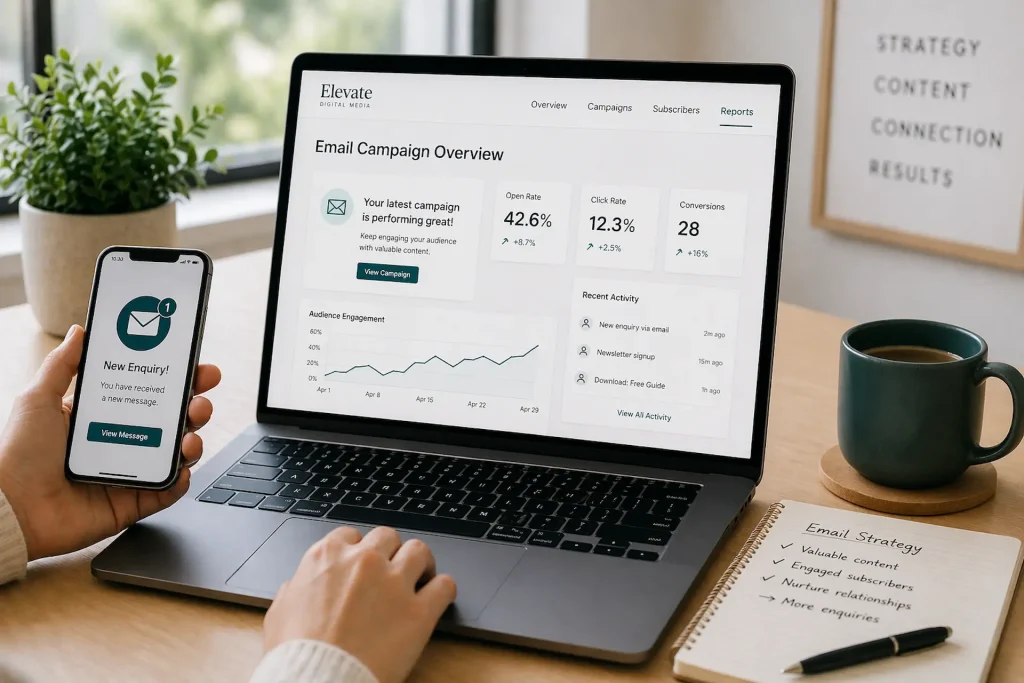 Email marketing campaign dashboard on a laptop with a smartphone showing a new enquiry notification, representing email marketing driving business results