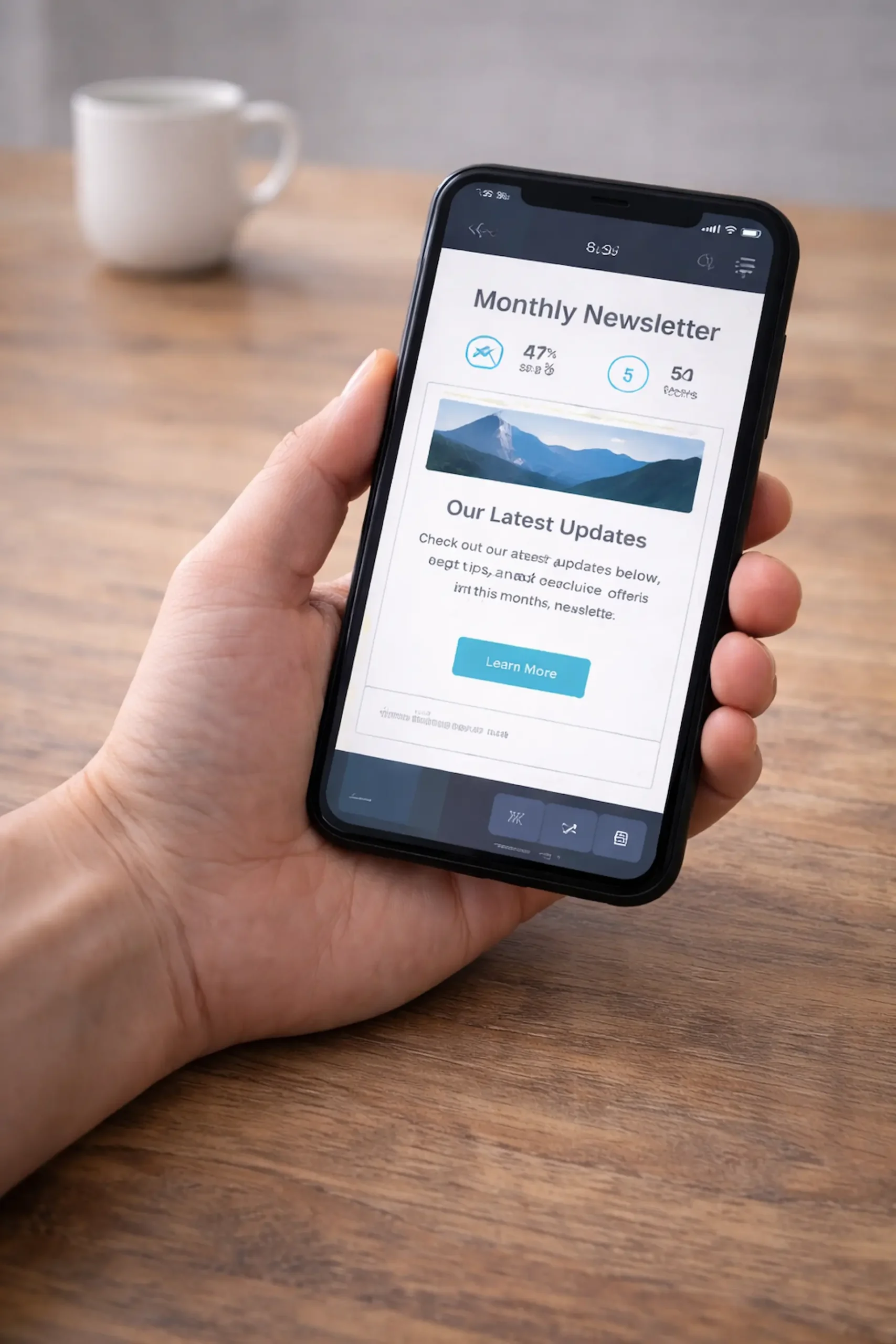 Smartphone displaying an email newsletter with engagement metrics and call to action