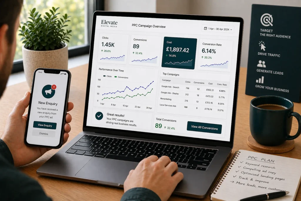 PPC campaign dashboard on a laptop showing cost in pounds and conversion metrics with a smartphone displaying a new enquiry, representing PPC driving real business results
