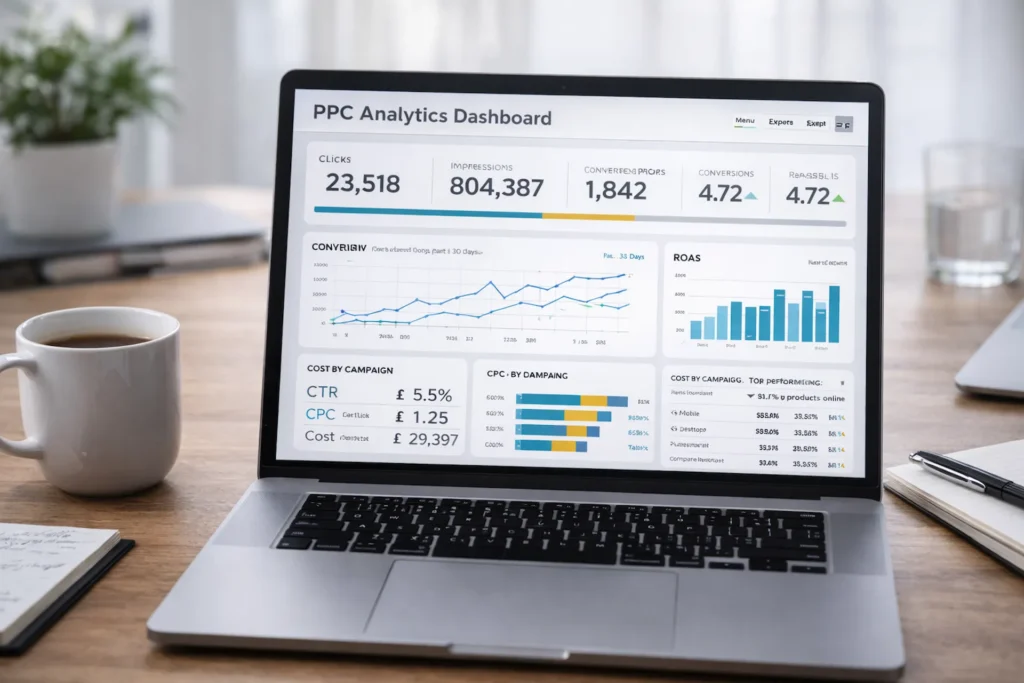 PPC analytics dashboard showing campaign performance, clicks, impressions and return on ad spend