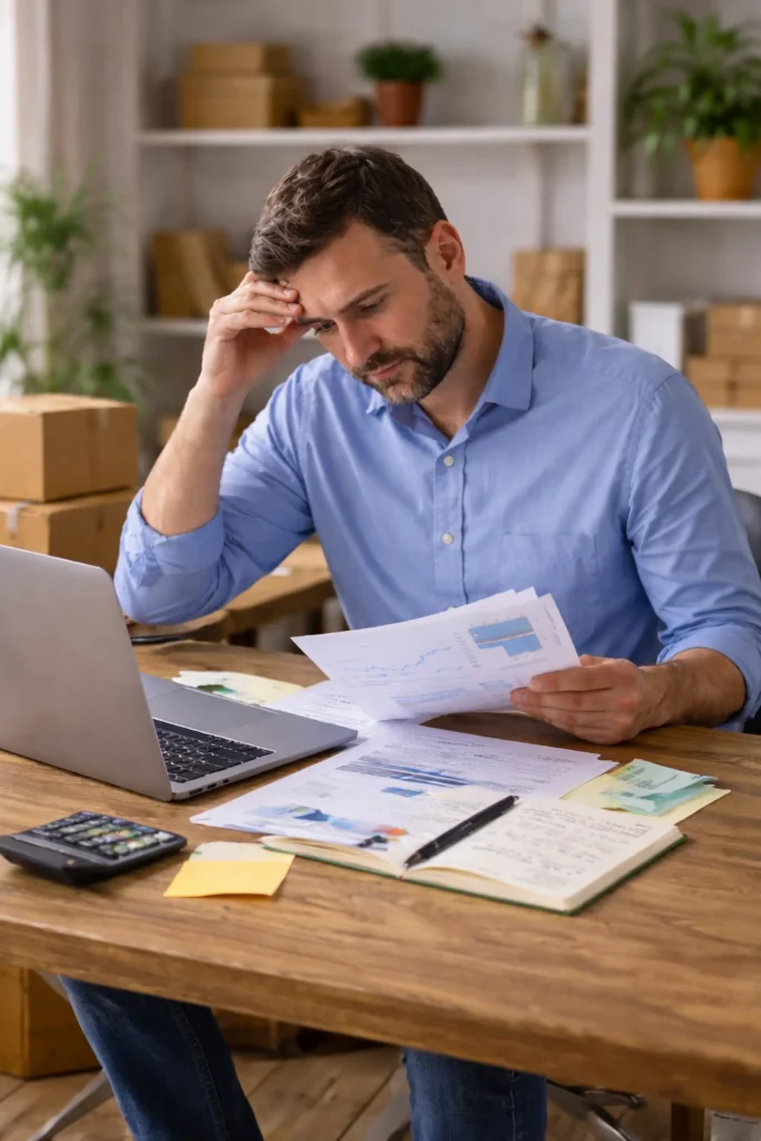 Small business owner reviewing marketing performance and planning next steps at a desk with documents and notes