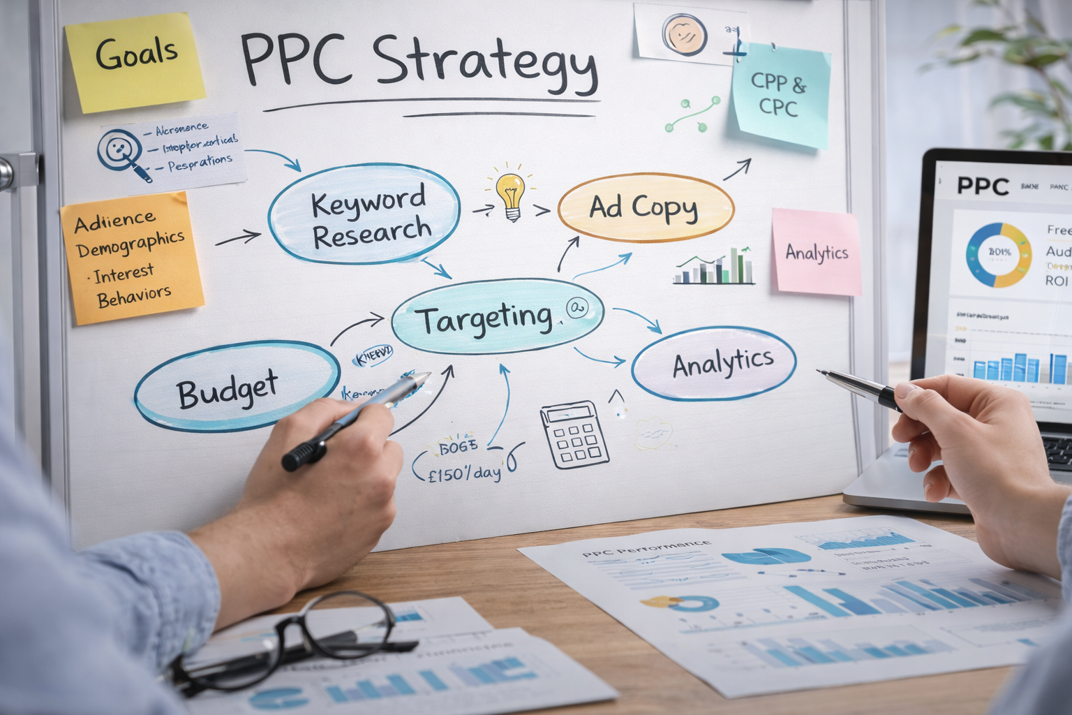 PPC strategy planning showing keyword targeting, ad copy, budget and analytics workflow on a whiteboard
