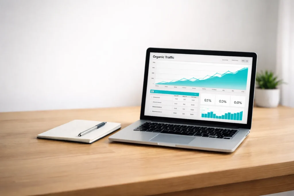 SEO dashboard showing keyword rankings and organic traffic growth on a laptop