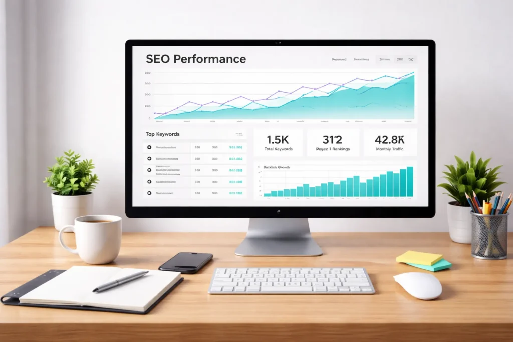 SEO performance dashboard showing keyword rankings, traffic growth and analytics data