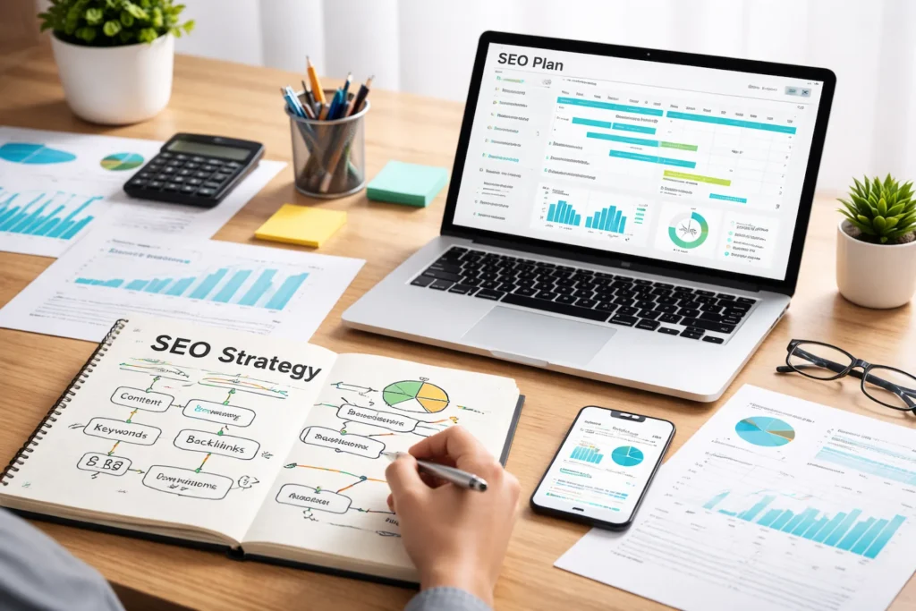 SEO strategy planning workspace with notebook, analytics charts and digital marketing tools