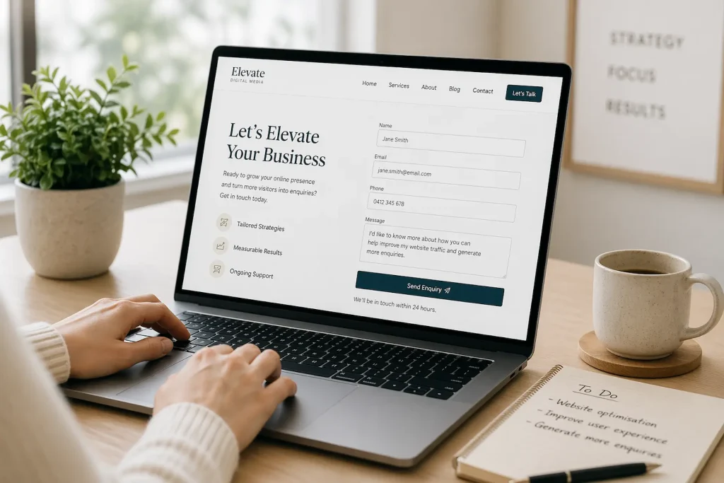User completing a website enquiry form on a laptop, representing SEO conversion and turning visitors into enquiries
