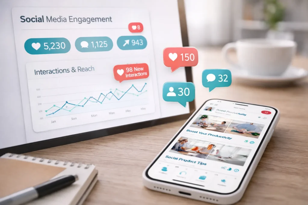 Smartphone and screen displaying social media engagement metrics including likes, comments and growth trends