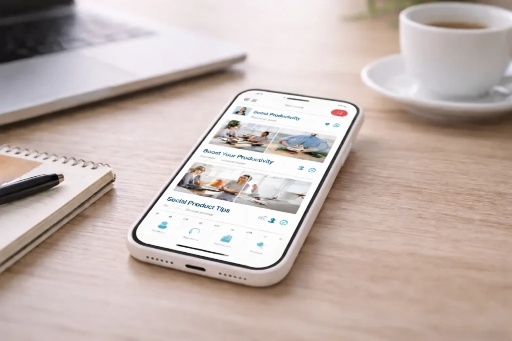 Smartphone displaying a social media feed with posts, engagement metrics and notifications on a clean desk