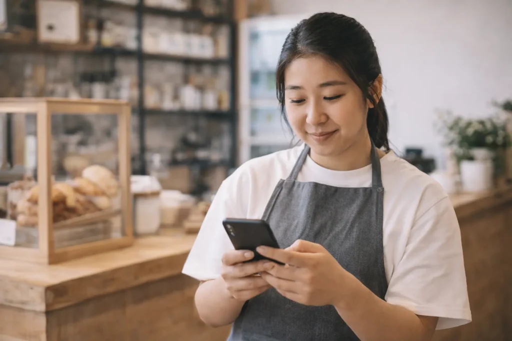 Small business owner in a shop using a smartphone to manage social media