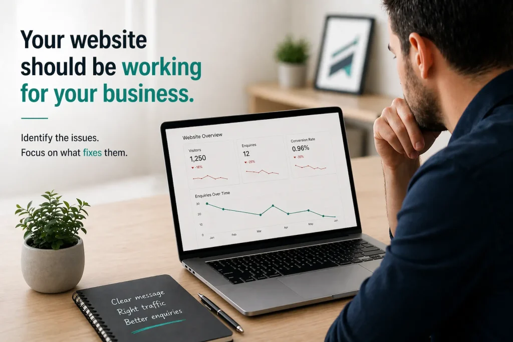 Small business owner reviewing website analytics on a laptop showing low enquiries in a clean modern workspace